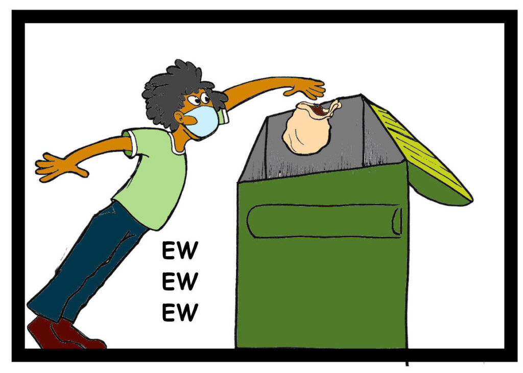 A person puts trash in a dumpster while keeping their distance.