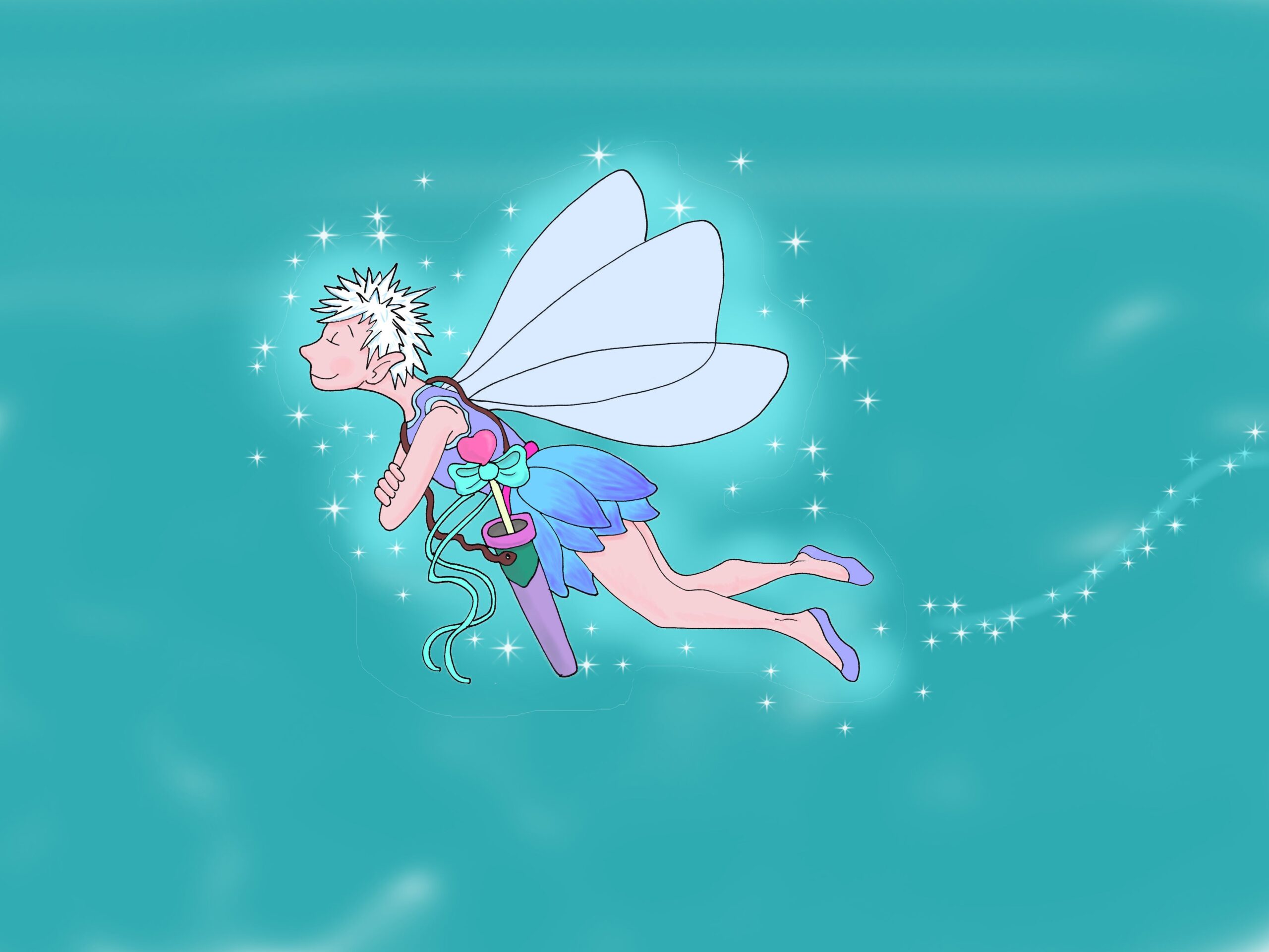 The Sugar Plum Fairy.Short white hair, blue flower-petal dress, and a quiver holding her wand.